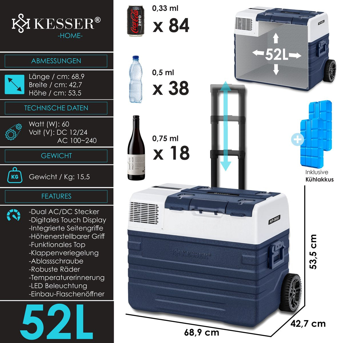 Compressor Koelbox elektrisch - Coolbox - Frigobox - 52L - Blauw