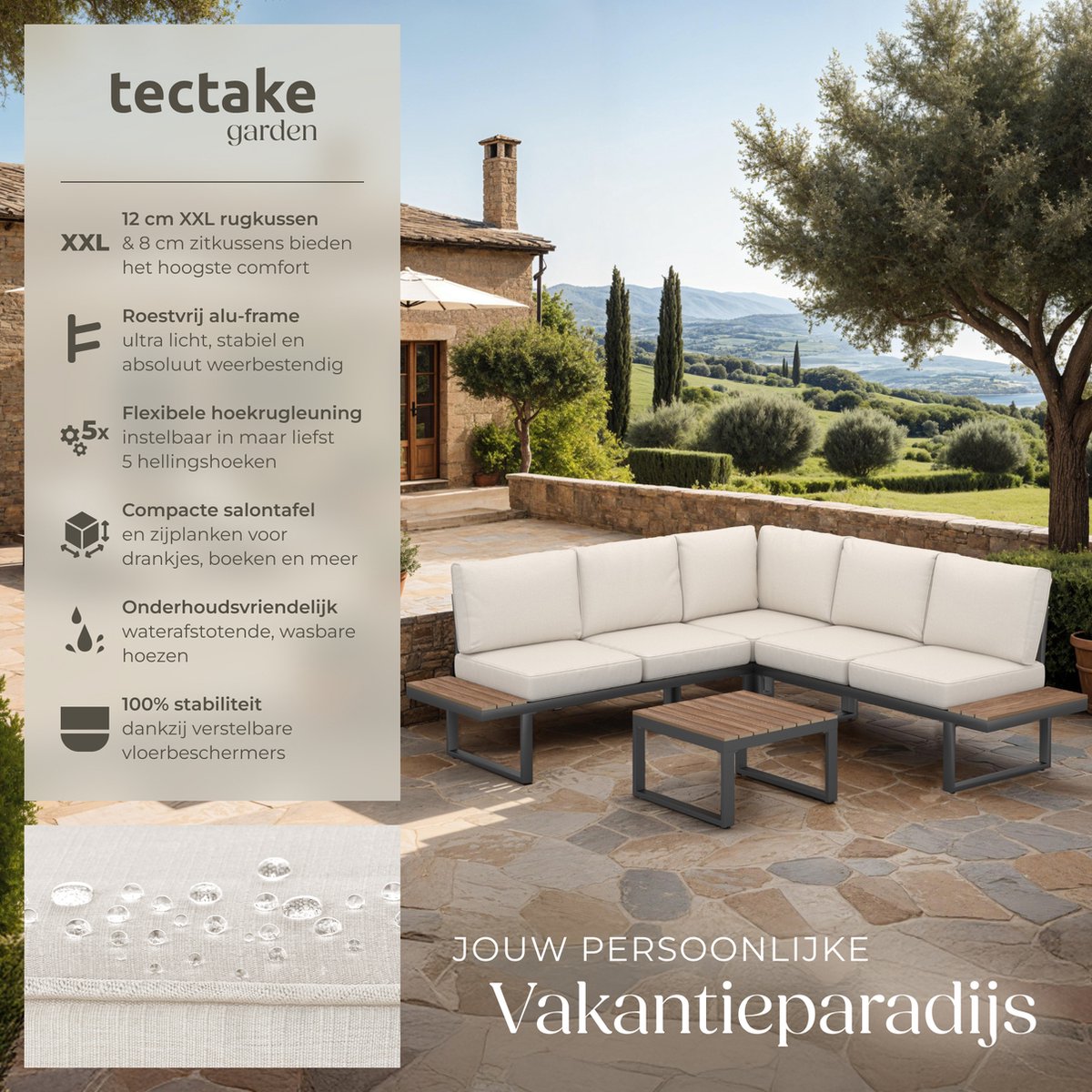 tectake® Tuinset Eilar - 4-Delige Loungeset - Weerbestendige Hoekbank met Aluminium Frame en Houtlook Zijtafeltjes - Tuintafel - Verstelbare Rugleuning - Te Gebruiken als Ligbed - Tuinmeubelset met Kussens - Ideaal voor tuin, balkon en terras