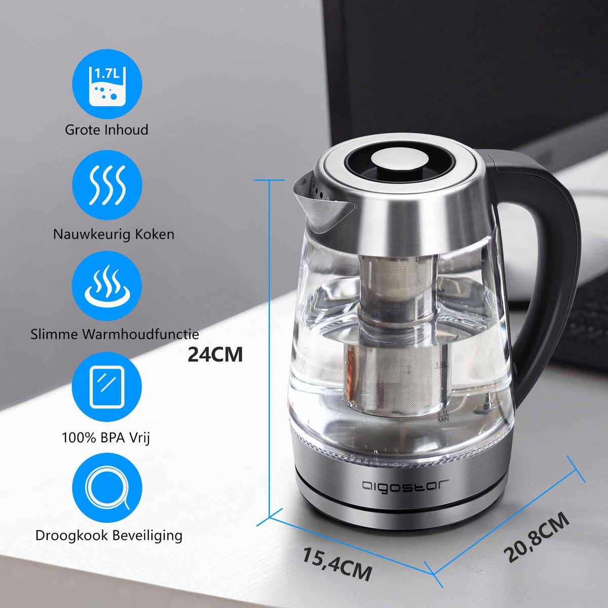 Aigostar Cris 30OSU - Glazen waterkoker met LED en theefilter - RVS - zwart