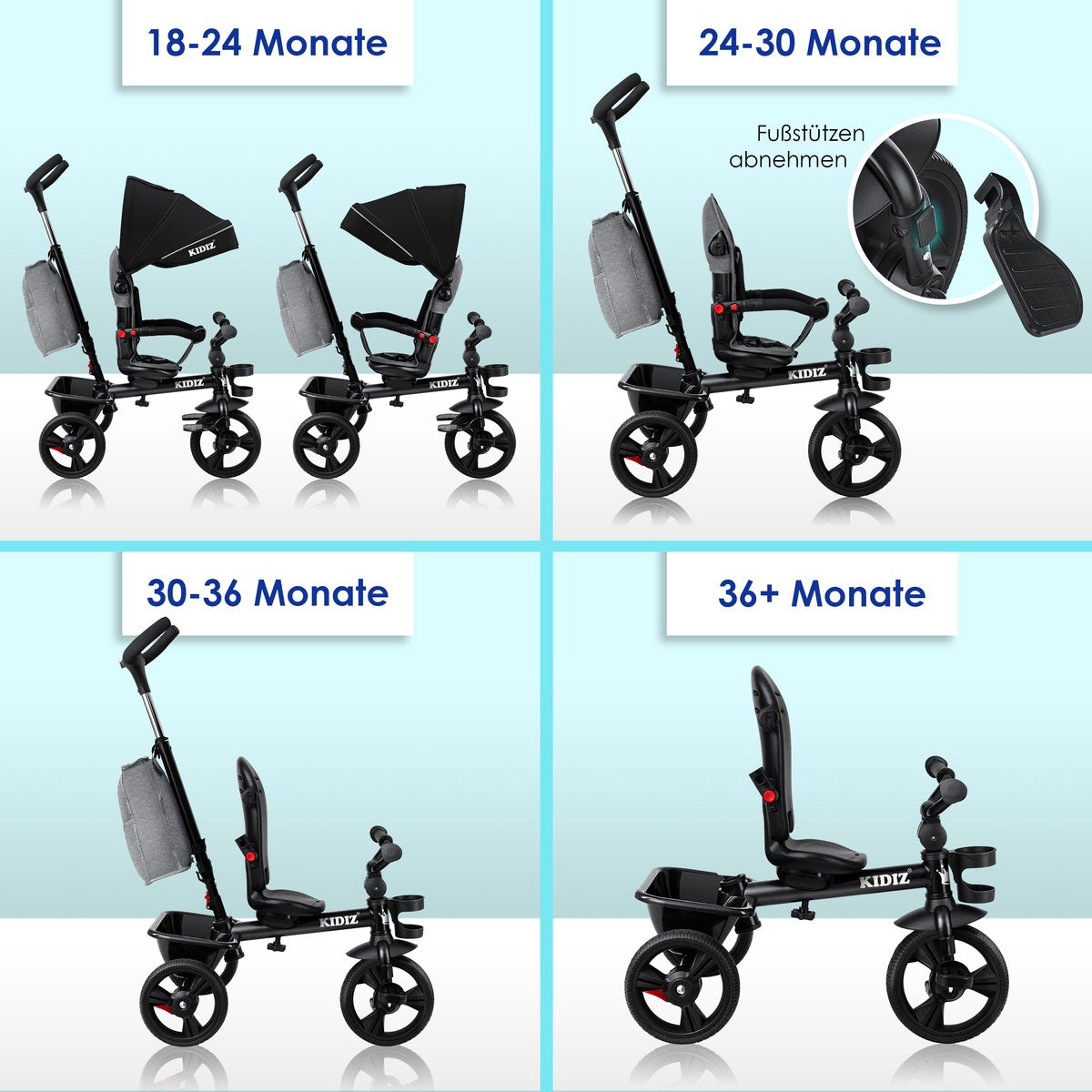 KIDIZ® 5in1 Kinderfiets - Loopfiets - Driewieler - Zwart •