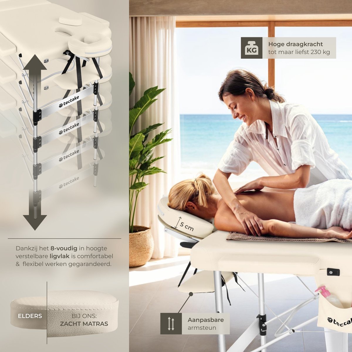 tectake® 3-Zones Massagetafel – 78cm Breed – Behandelbank met 5cm Dikke Vulling en Aluminium Frame – Inclusief 15 Hoofdsteundoekjes en Draagtas – Max Draagvermogen 230kg – Beige