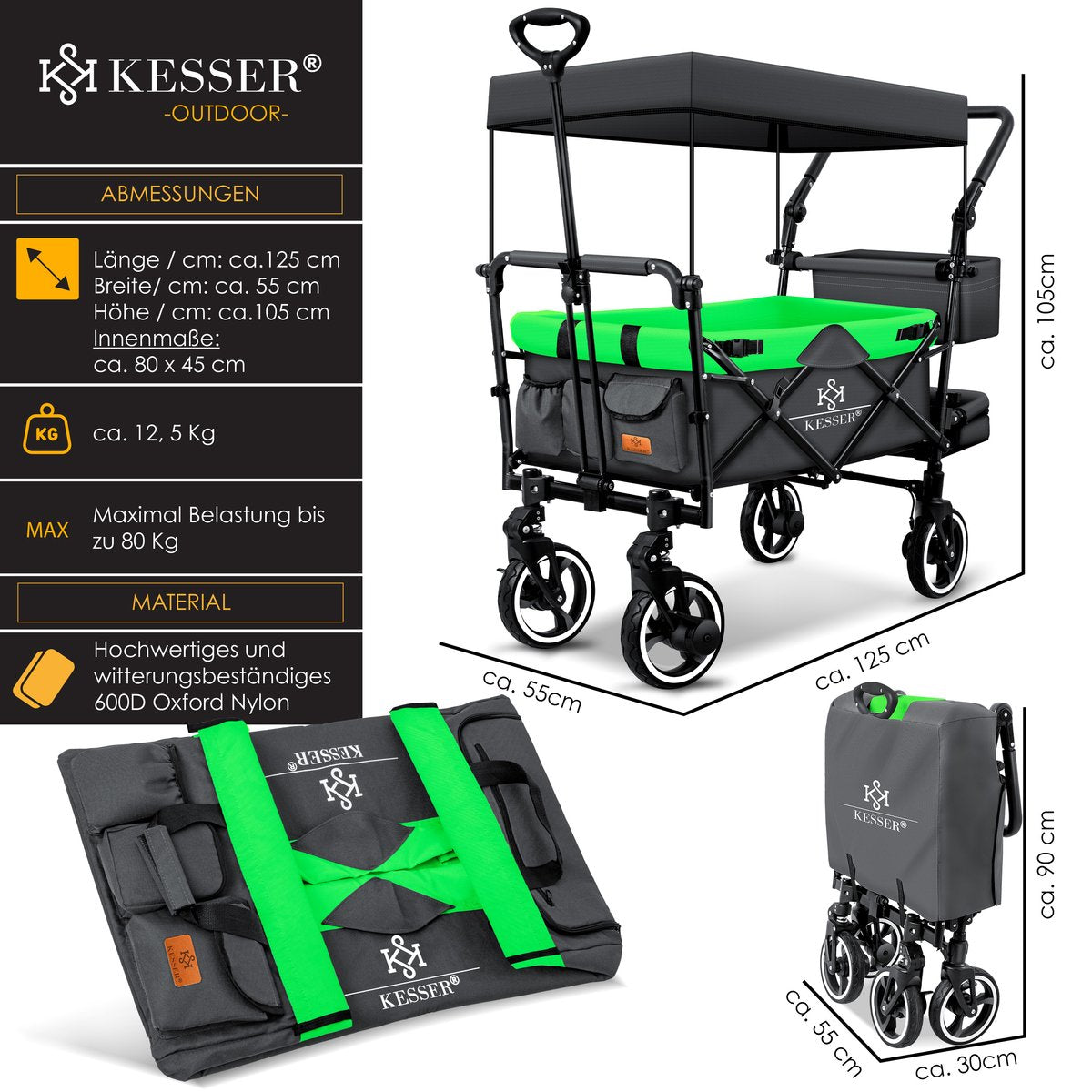 KESSER® Bolderkar GTS-9100 opvouwbaar met Dak tot 80 kg draagvermogen - Antraciet / Neongroen