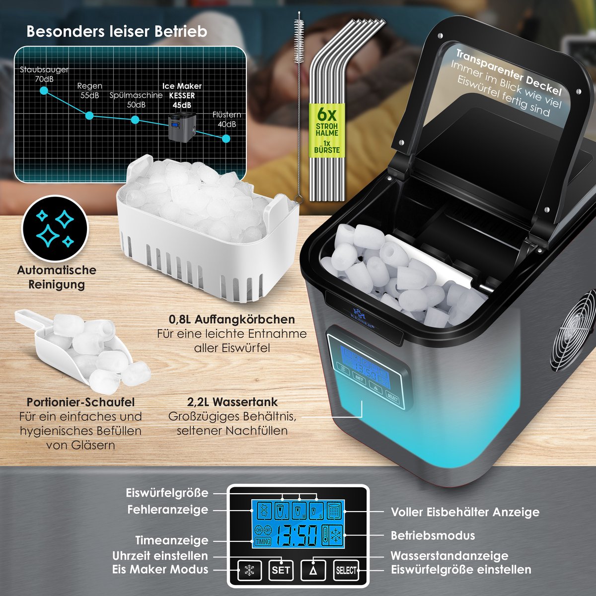 IJsblokjesmachine – 12kg/24 uur – IJsmachine - IJsblokjesmaker - Antraciet - KESSER®