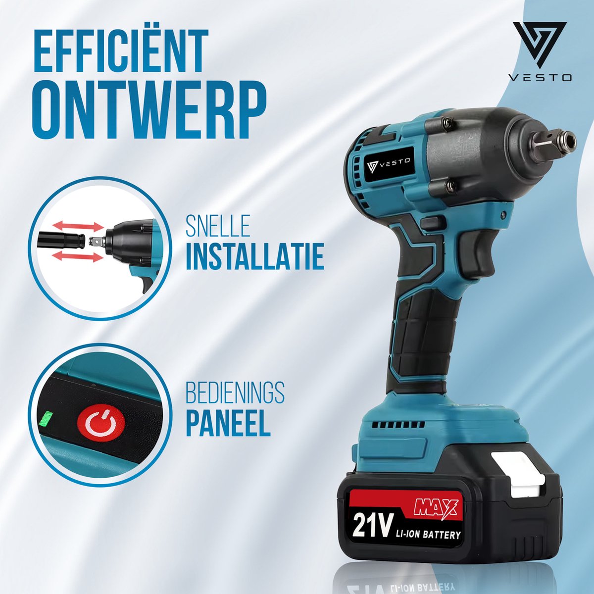 Vesto® Accu Slagmoersleutel 21V - incl. 6x Moerdoppen, Bitadapter, Borging en 2x Accu - 600Nm - Slagmoersleutelset - Slagmoersleutel met accu - Elektrisch - Slagschroevendraaier - Wieldoppen