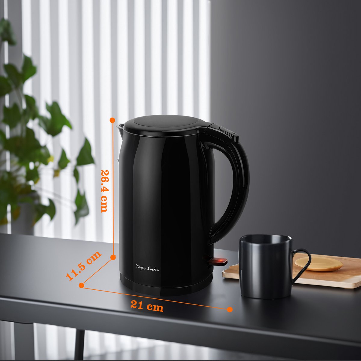Taylor Swoden - Waterkoker Dubbelwandig 2200W - 1,5 Liter - Double Walled Kettle - Warmhoudfunctie - Cool-touch - 360° draaibaar - Zwart •