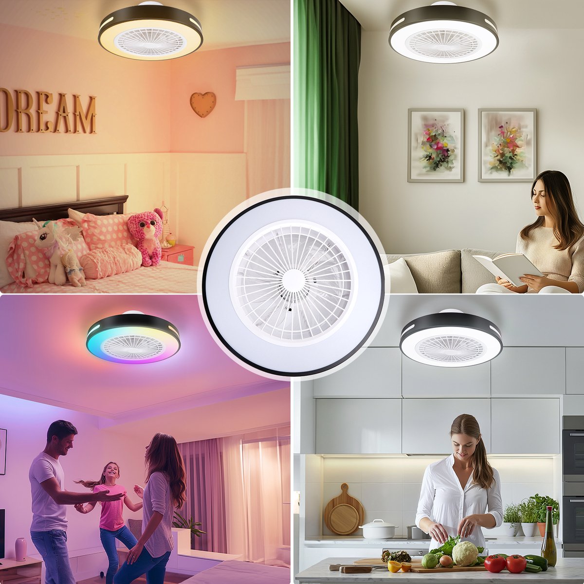 Aigostar 10R2R - Plafonniere met ventilator - LED RGBW - Ø 50cm - 6 Standen - Dimmer - Afstandsbediening - Plafondventilator - 55W - Zwart •