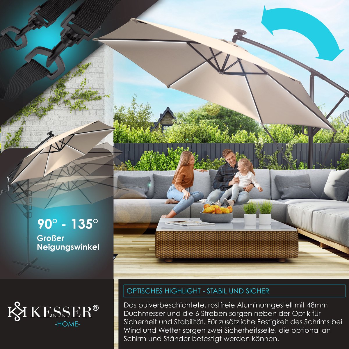 KESSER® Zweefparasol met voet - LED - Ø3m - 360° Draaibaar  - Beige •