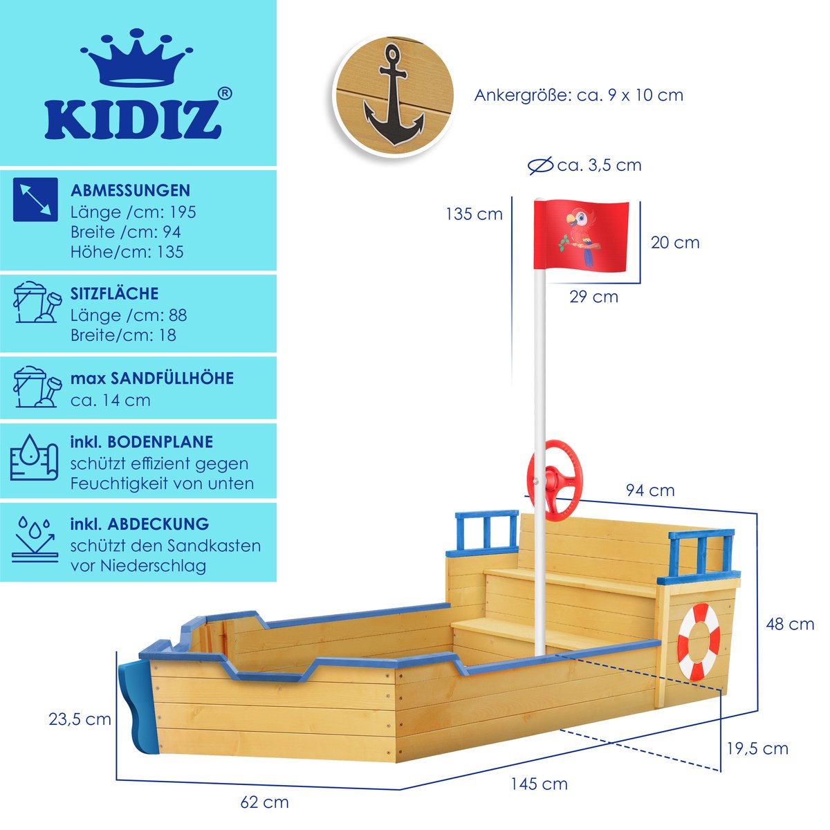 KIDIZ® Zandbak piratendesign - Met bankje - Bruin