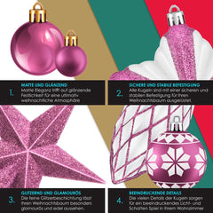 KESSER® Kerstballen 105-delige Kerstversiering Set - Kerstboomversiering met Plastic Doos voor Kerstboom Kerstballen Kerstdecoratie - Roze / Wit