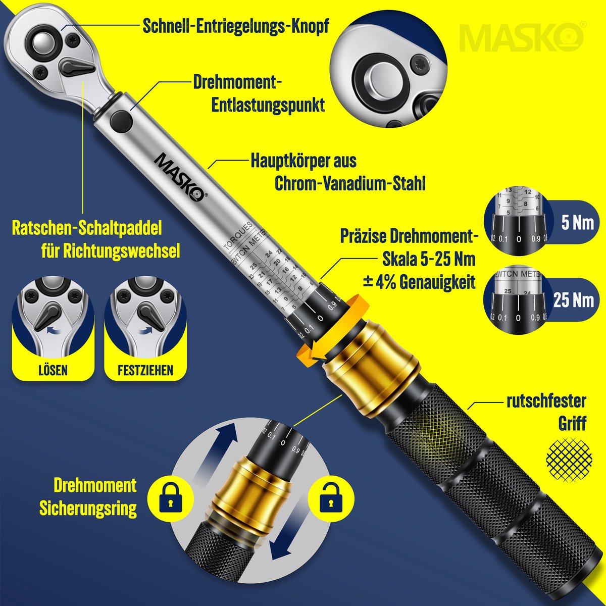 MASKO® Momentsleutel - Gereedschapset - Ratelset 5-25Nm - Goud