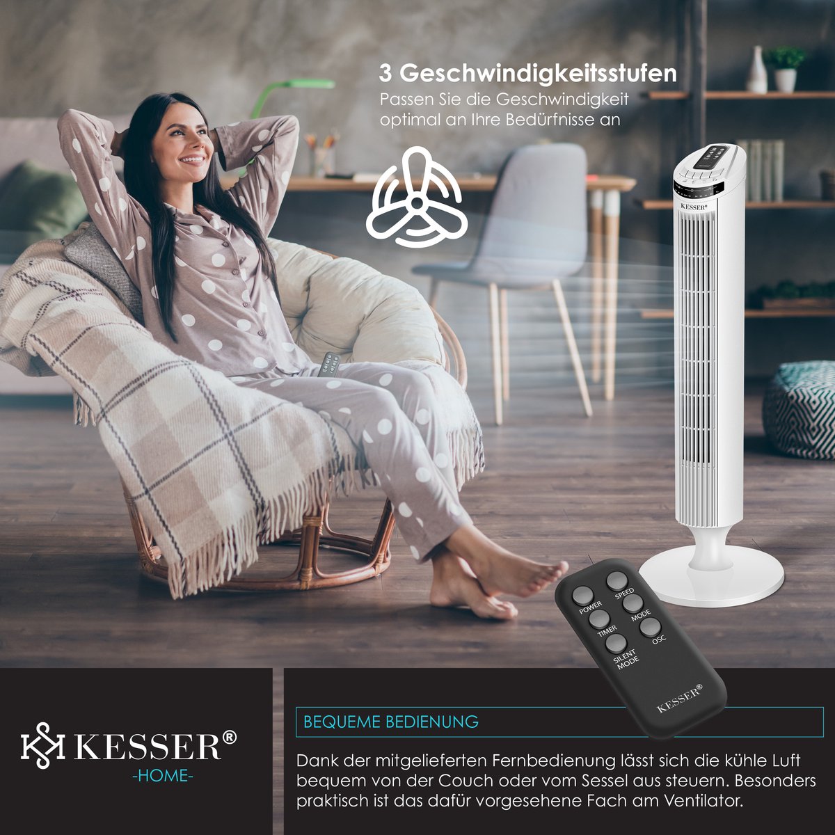 KESSER® Torenventilator - Fluisterstil - Oscillatie - Wit •