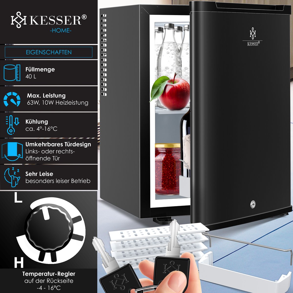 KESSER® Koelkast Tafelmodel - 40L - Mini Koelkast - Zwart