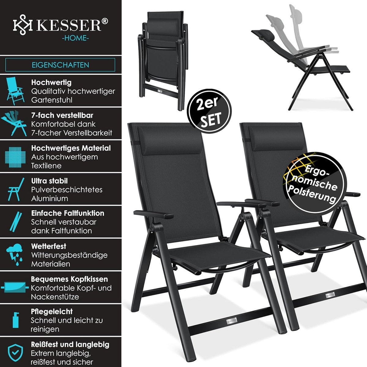 KESSER® Tuinstoel Opklapbaar - Set van 2 - Antislip - Zwart
