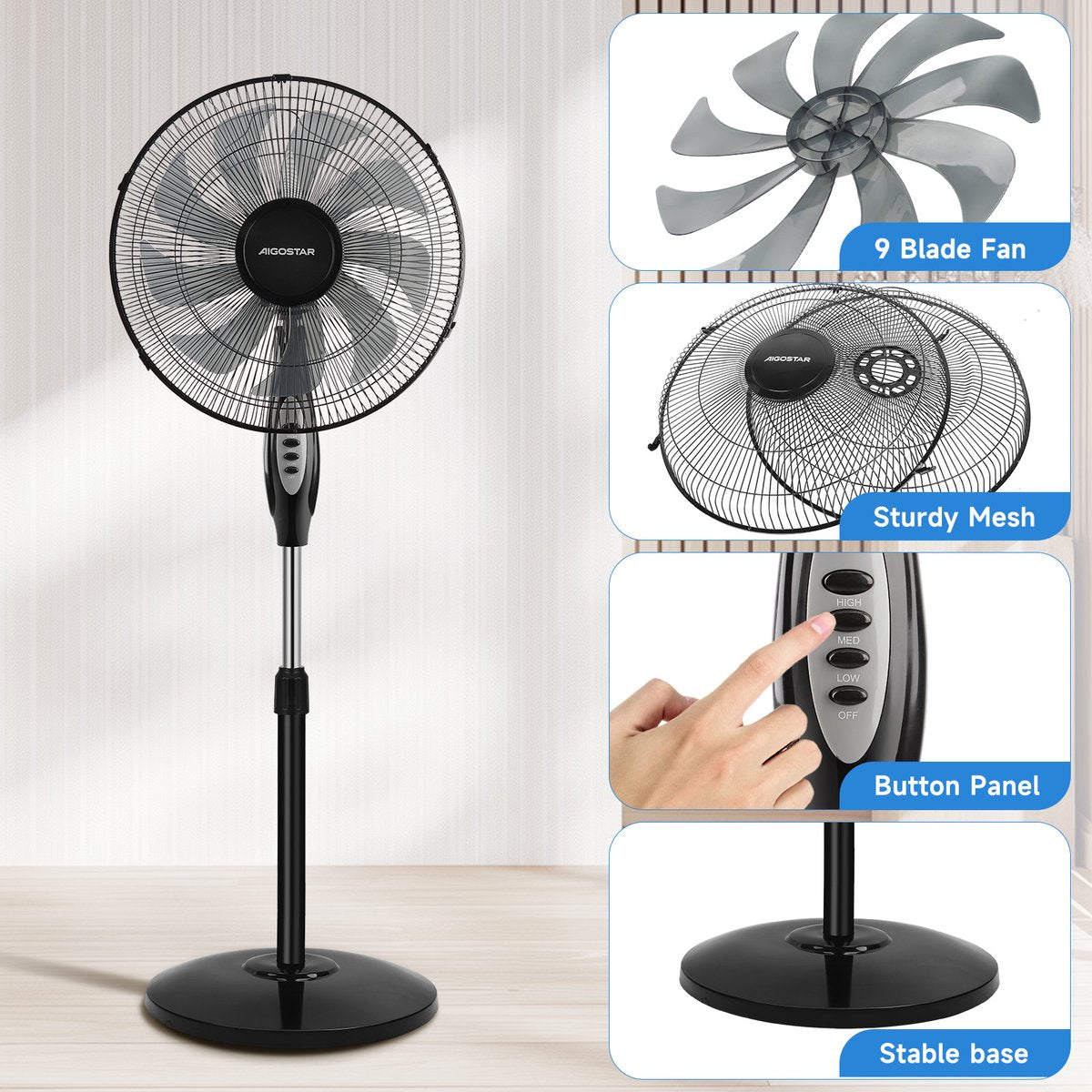 Aigostar Statiefventilator - Ventilator Staand - Verstelbaar - 60W - Zwart •