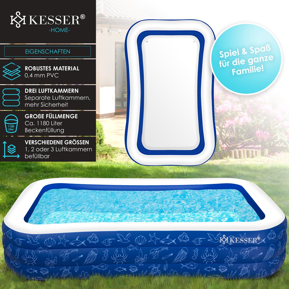 KESSER® Opblaasbaar zwembad - 305x183x56cm - 1180L - Blauw