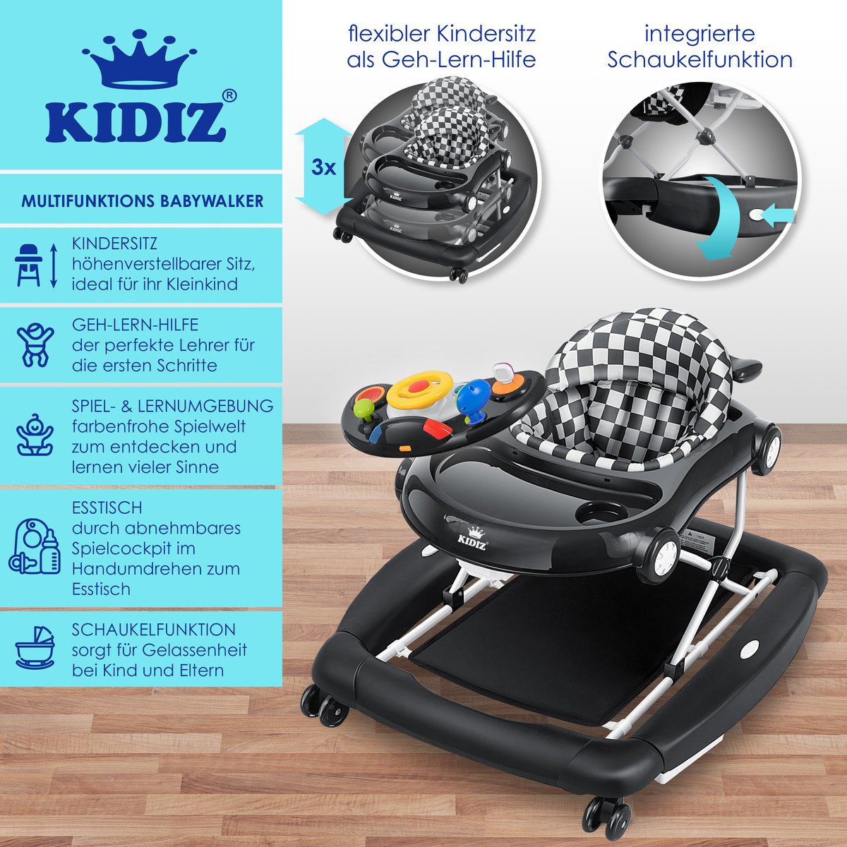 KIDIZ® 4in1 Baby walker - Loopstoel - Loopwagen - Opvouwbaar - Zwart