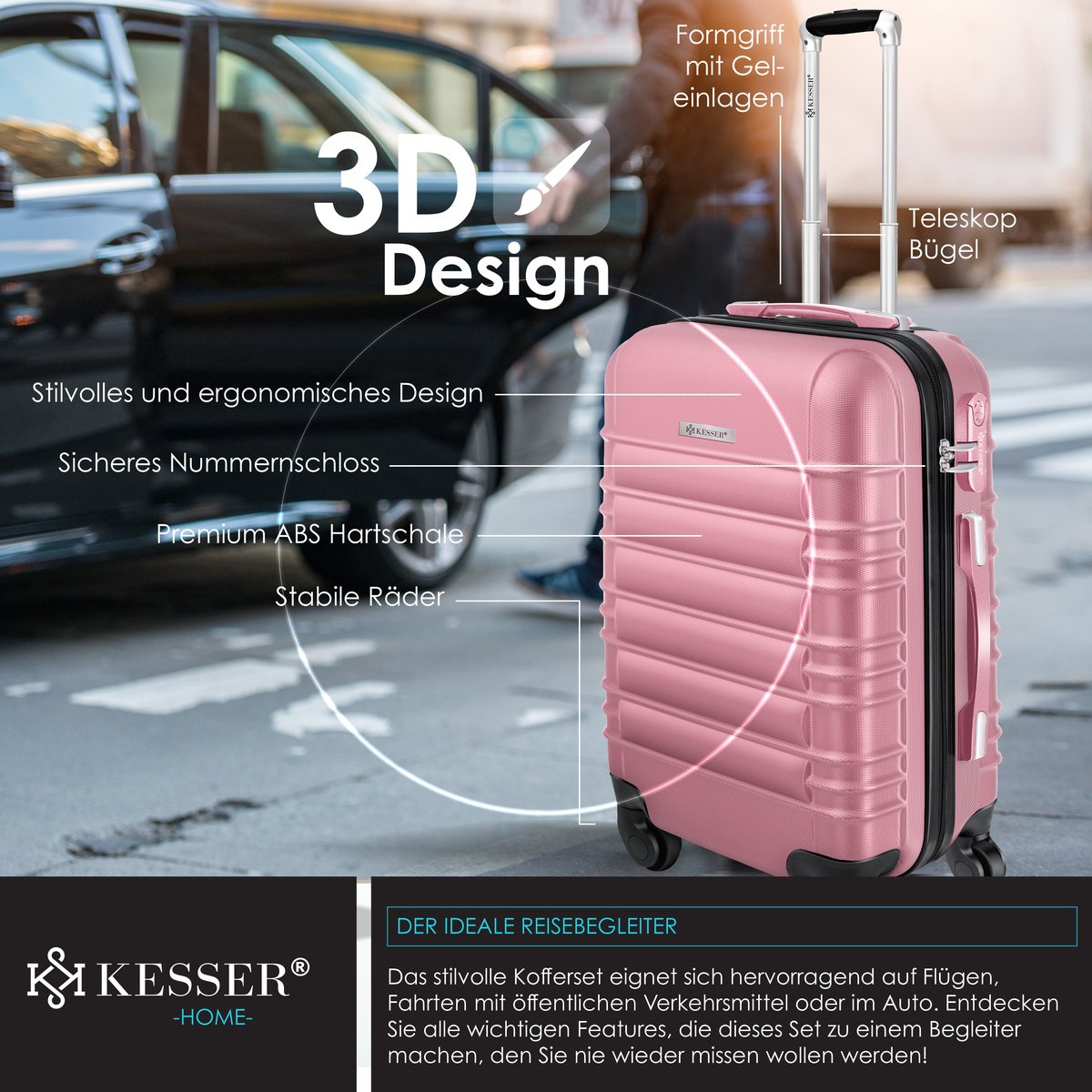 KESSER® 4x Koffer, reiskofferset, trolley koffer, incl. bagageweegschaal + bagagelabel rollend kofferslot, 4 wielen ABS, harde schaal telescoopgreep S-M-L-XL - Roze