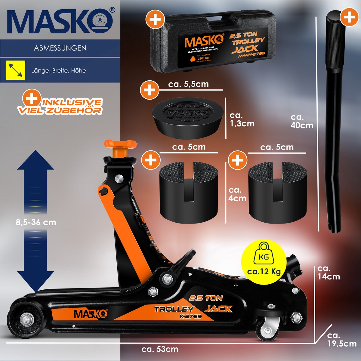 MASKO Hydraulische Autokrik - Garagekrik - 2.5 Ton - Oranje