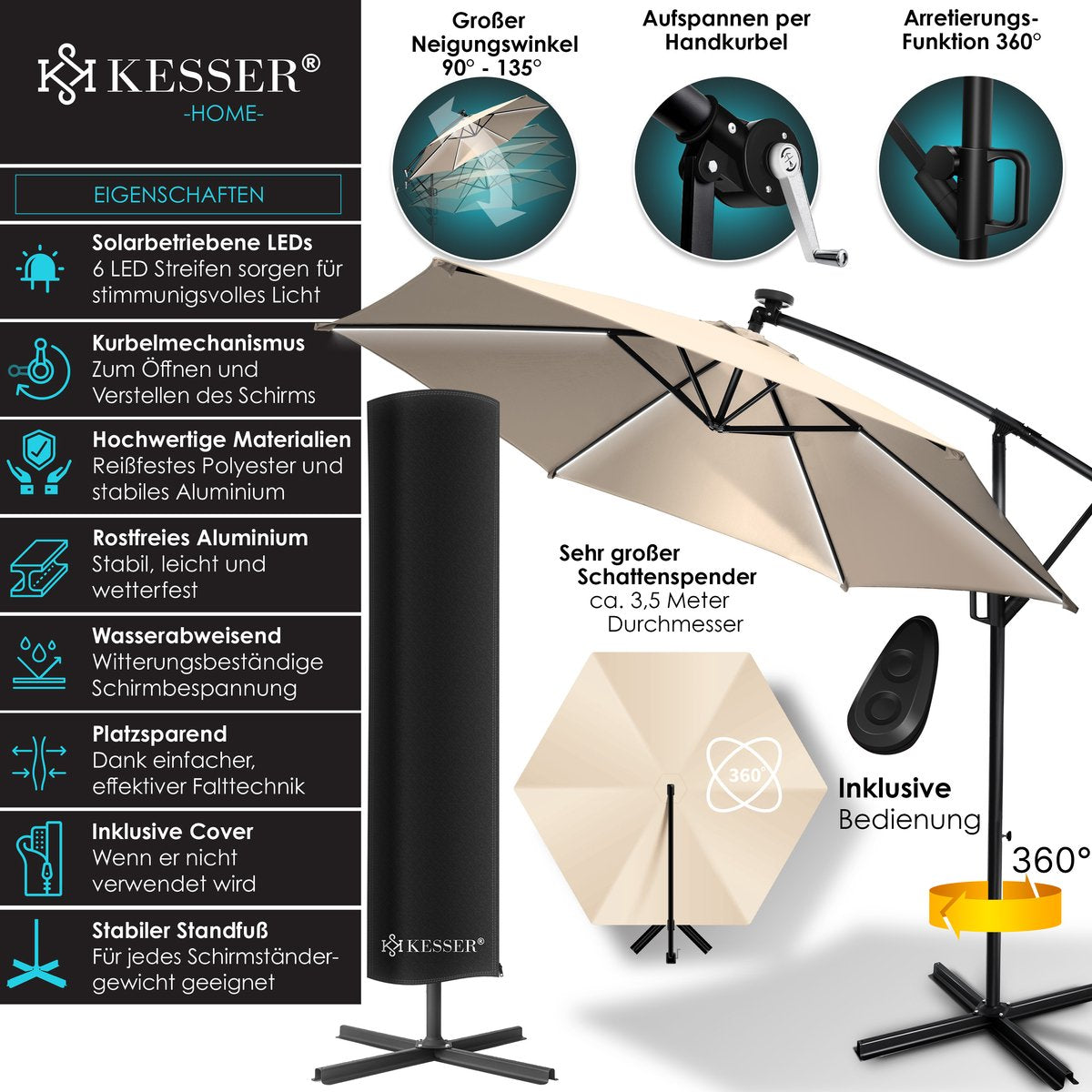 KESSER® Zweefparasol met voet - LED - Ø3.5m - 360° Draaibaar  - Beige •