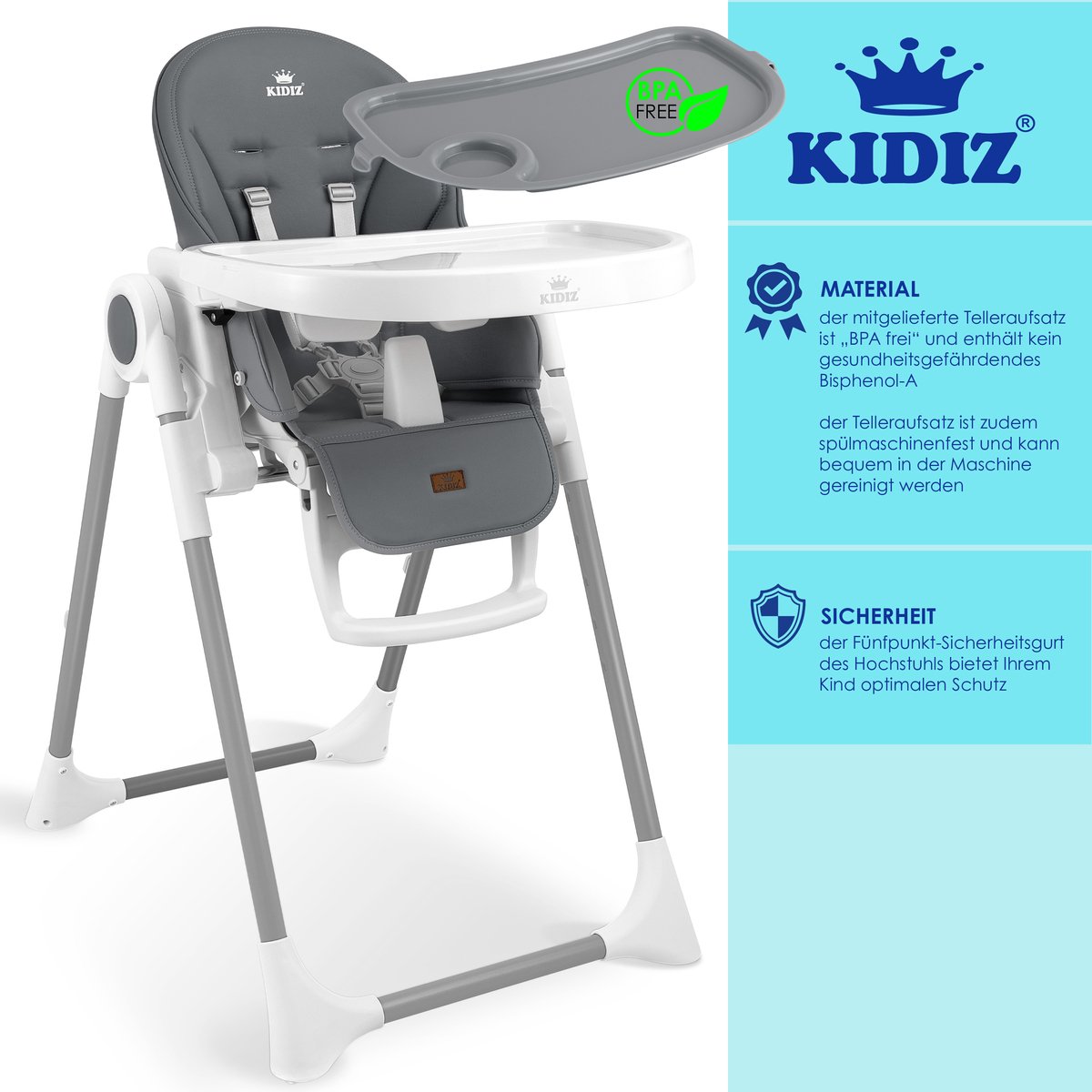 KIDIZ® 3in1 kinderstoel - Babystoel - Verstelbaar - Donkergrijs