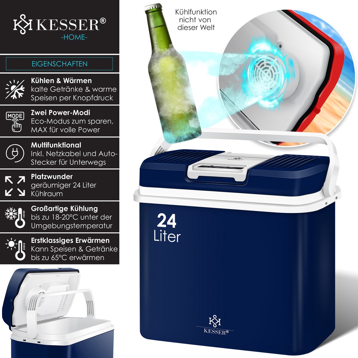 KESSER® Thermo-Elektrische Koelbox – 24L – 12V/230V – Marineblauw