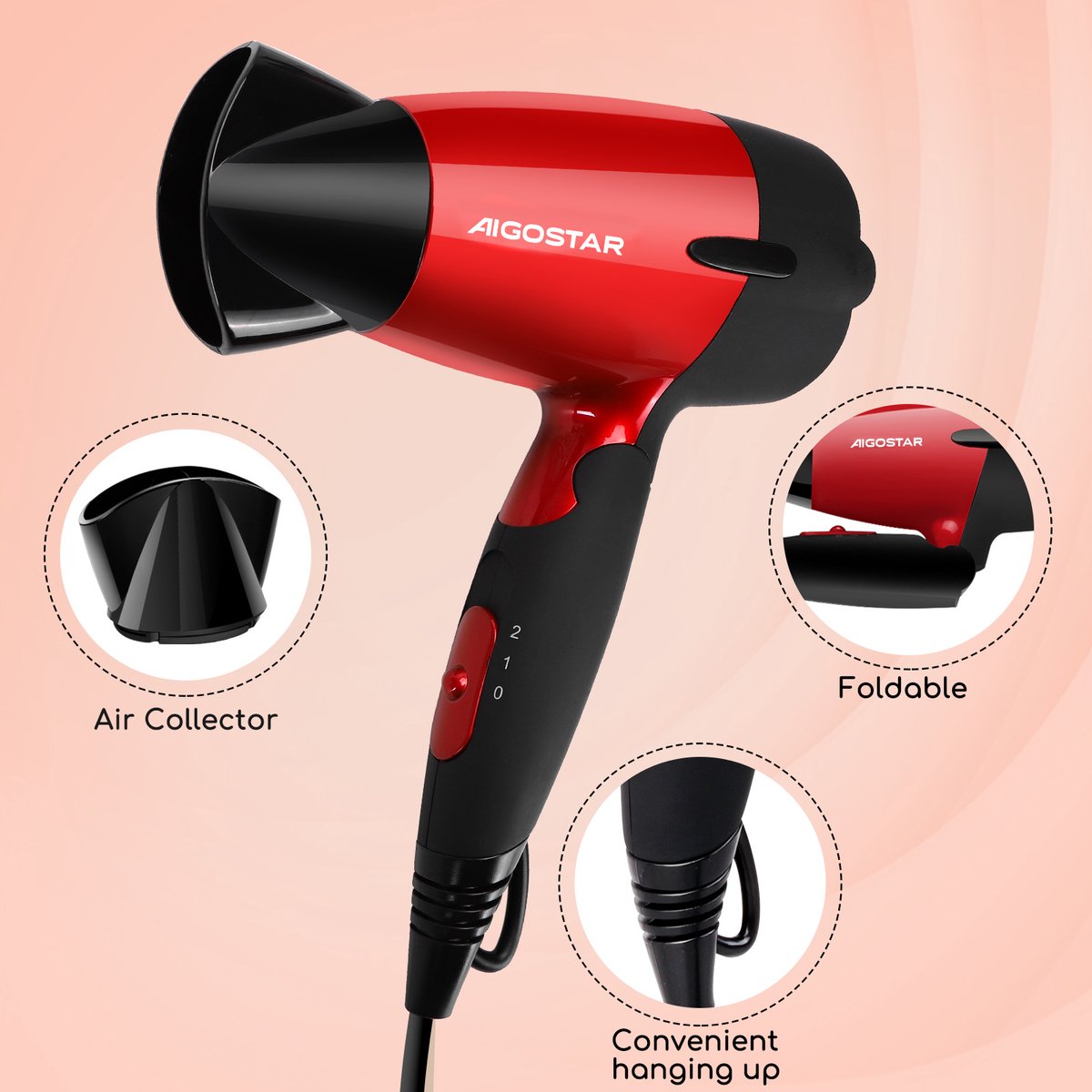 Fohn - Haardroger - Inklapbare Föhn - 1400W - Rood - Aigostar