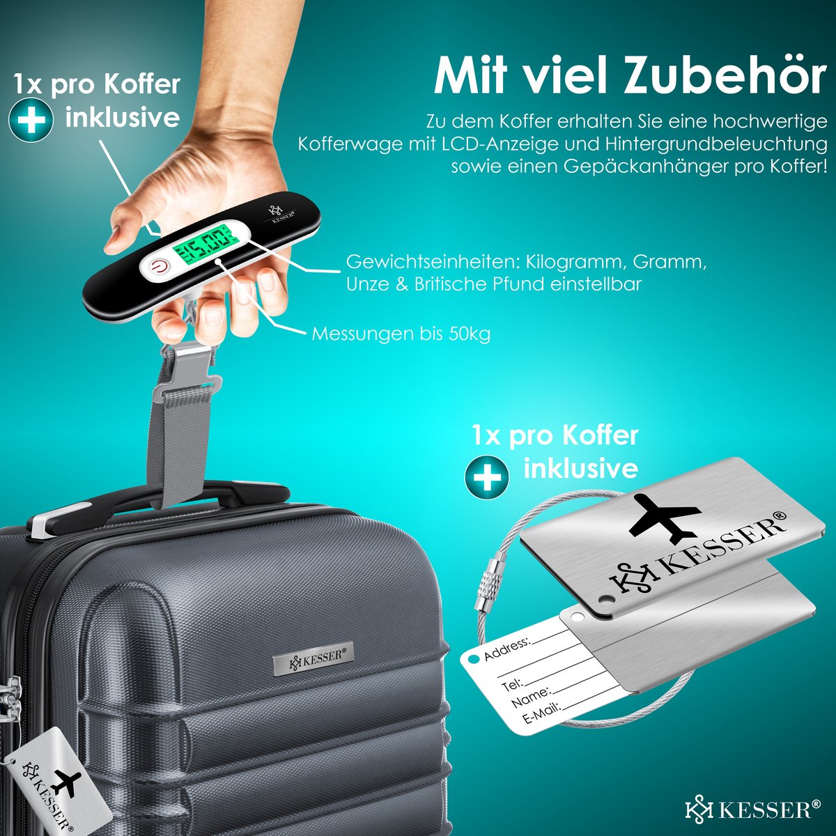 KESSER® Reiskoffer - 55L - Handbagage - ABS - Antraciet