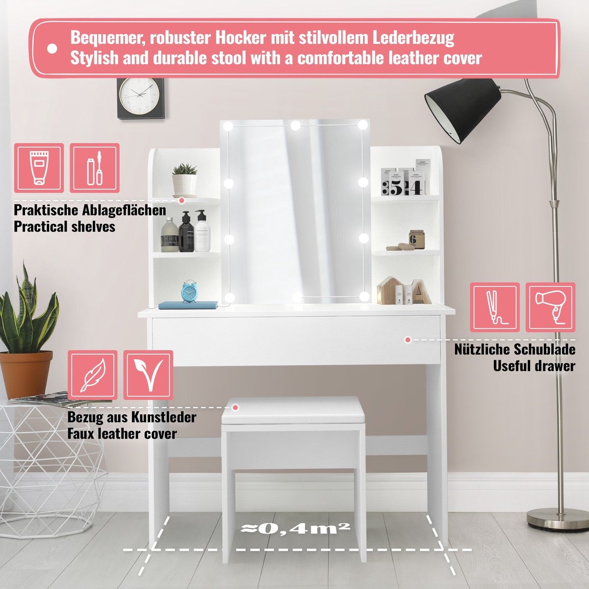 MIADOMODO® kaptafel, verlichting, kruk, spiegel, cosmetica tafel, wit •