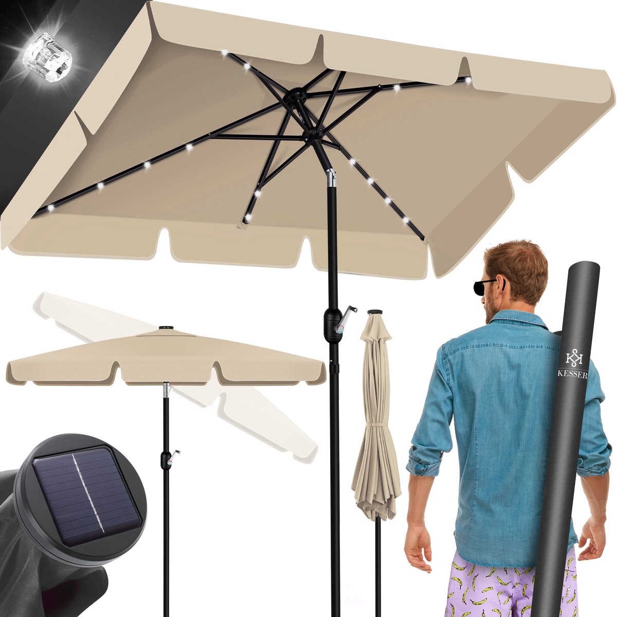 KESSER® Parasol LED Solar - Verstelbaar - Vierkant - Beige
