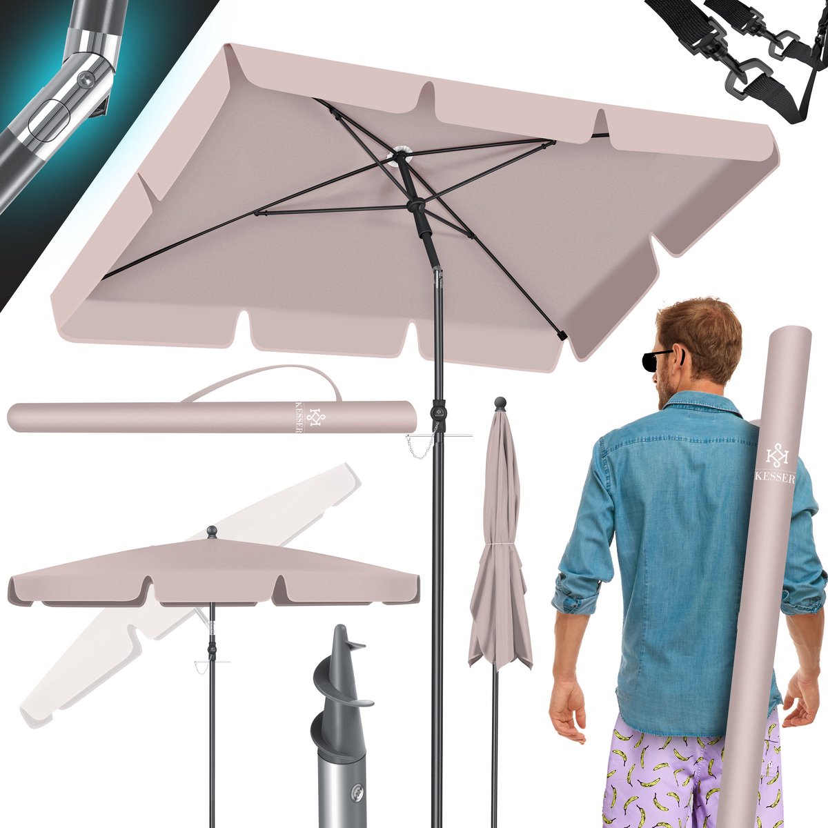 KESSER® Stokparasol Inclusief Beschermhoes & Draagtas 200 × 125cm - Parasol voor Balkon, Tuin & Terras Tuinparasol Strandparasol - Taupe