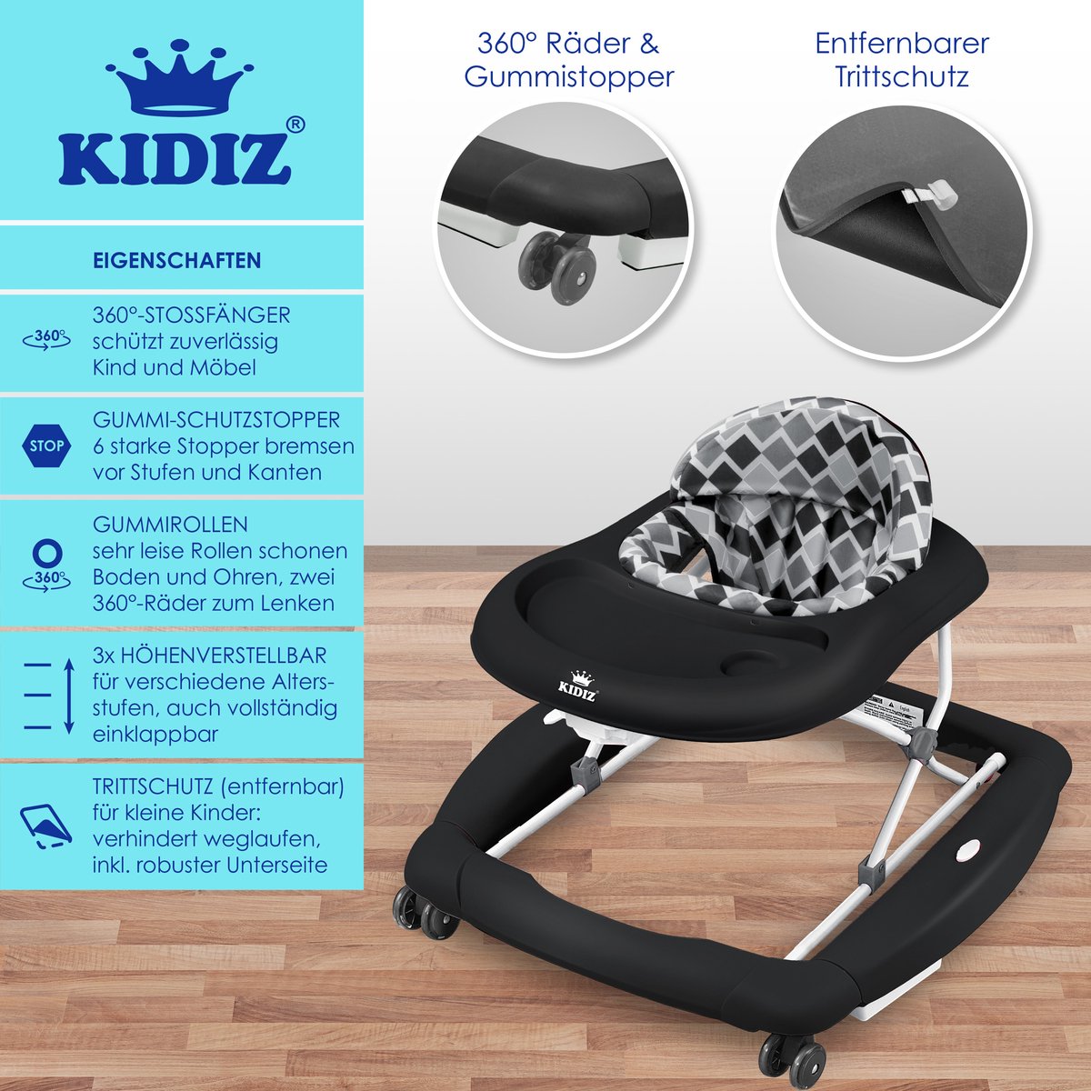 KIDIZ® 4in1 Baby walker - Loopstoel - Loopwagen - Opvouwbaar - Zwart