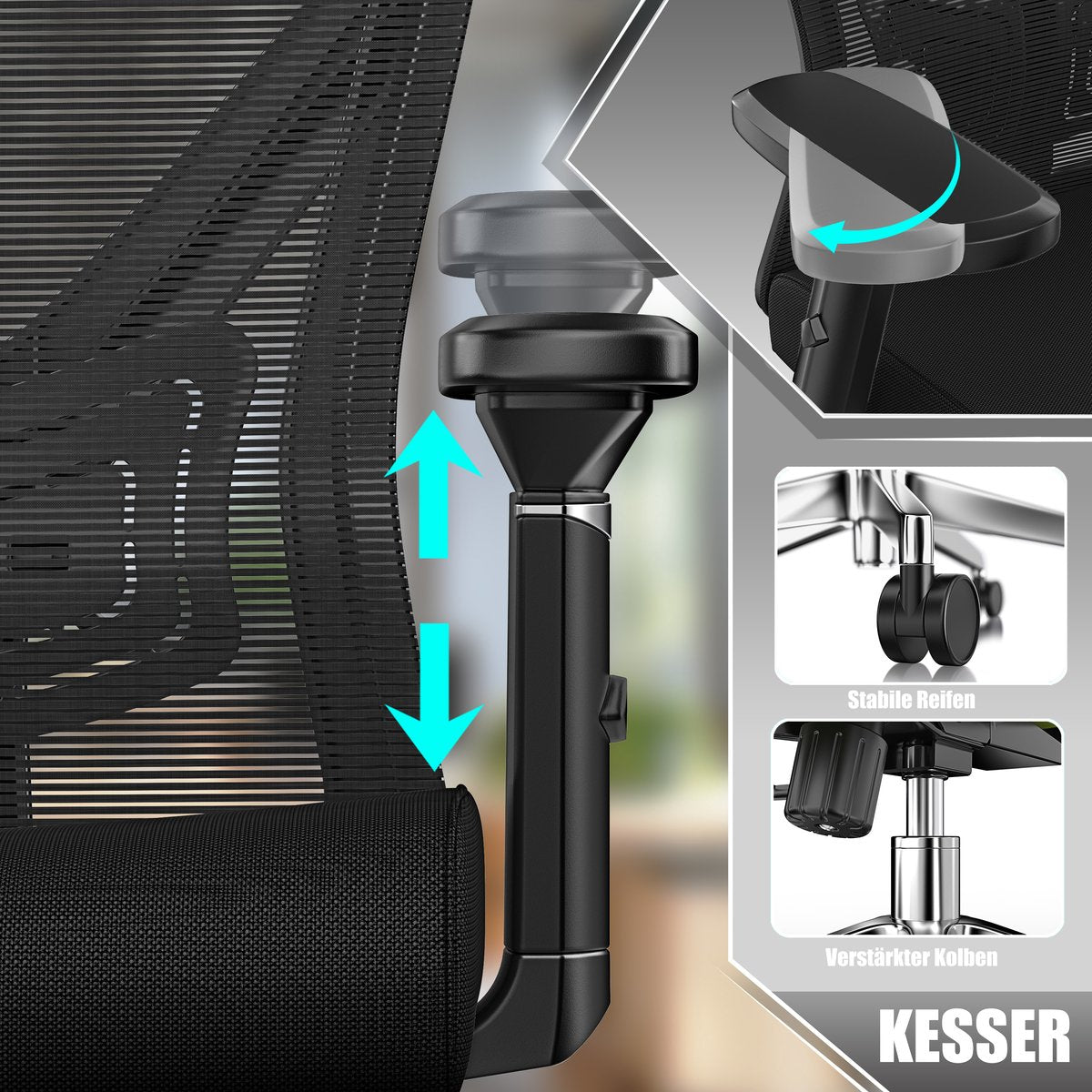 KESSER® Bureaustoel | Ergonomische Bureaustoelen voor Volwassenen | verstelbare rugleuning | in hoogte verstelbaar | Hoofdsteun & Lendensteun | office Chair met 5x rubberen wielen - Zwart / Zilver