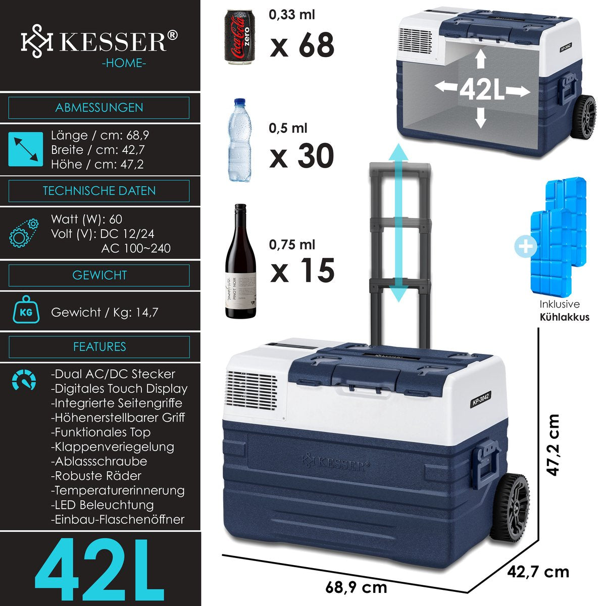 KESSER® Elektrische Koelbox - Compressor - tot -20°C - 42L - Marineblauw