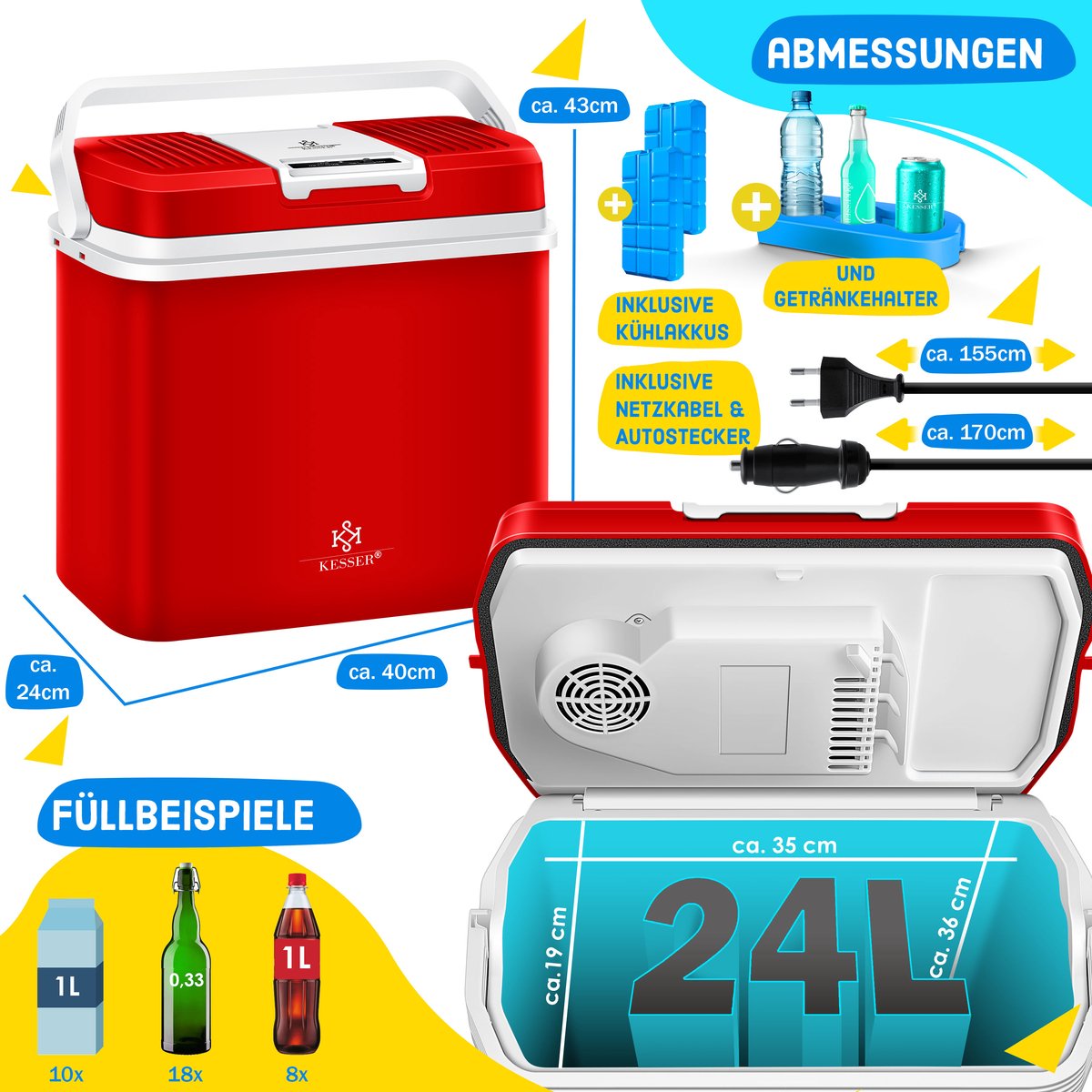 KESSER® Thermo-Elektrische Koelbox – 24L – 12V/230V – Rood •