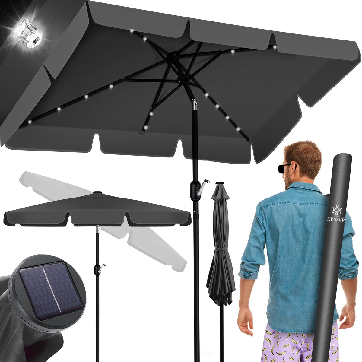 KESSER® Parasol LED Solar Stokparasol met Zwengel Incl. 2in1 Beschermhoes Transporttas, Tuinparasol, Parasol voor Balkon Tuin & Terras Verstelbaar Buigbaar Balkonparasol - Hoekig, Antraciet