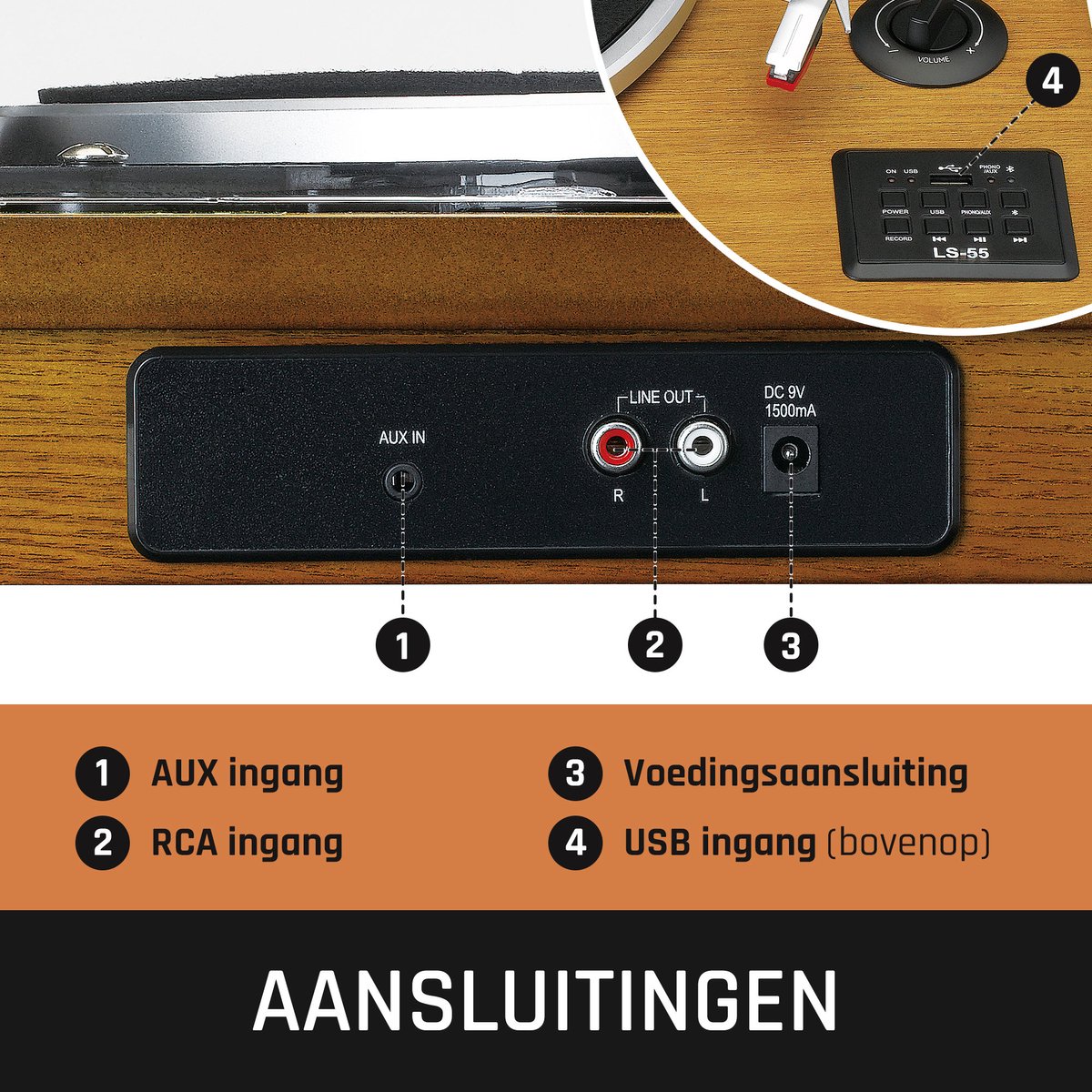 Lenco Platenspeler met Bluetooth - Ingebouwde Speakers - Auto-stop - LS-55WA - Hout •