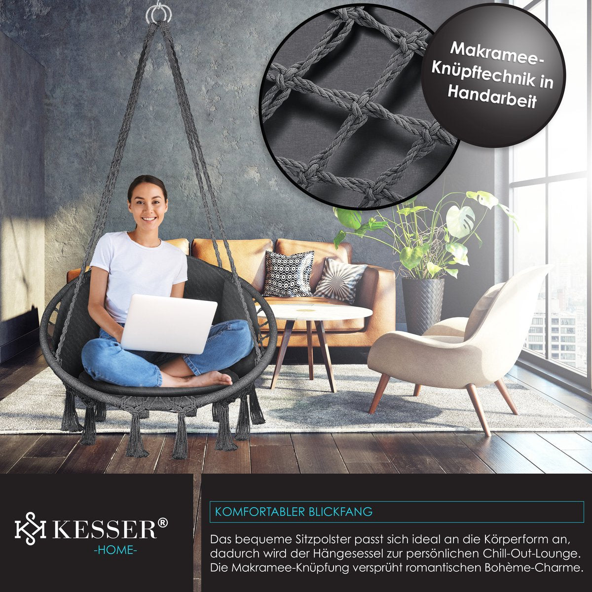 KESSER® Hangstoel - Binnen & Buiten - Tot 150kg - 2 Kussens - Antraciet