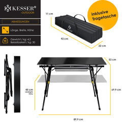 KESSER® Campingtafel Opvouwbaar - Verstelbaar - 90x53cm - Zwart