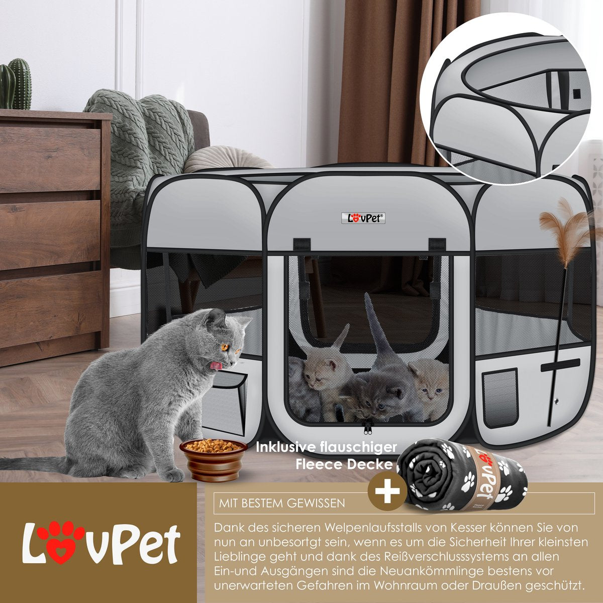 LOVPET® Puppyren voor Kleine Dieren Honden Katten - Opvouwbaar Hondenren inclusief kom en Haringen - Puppy Ren Pop-up Systeem Indoor & Outdoor Konijnenren - Lichtgrijs
