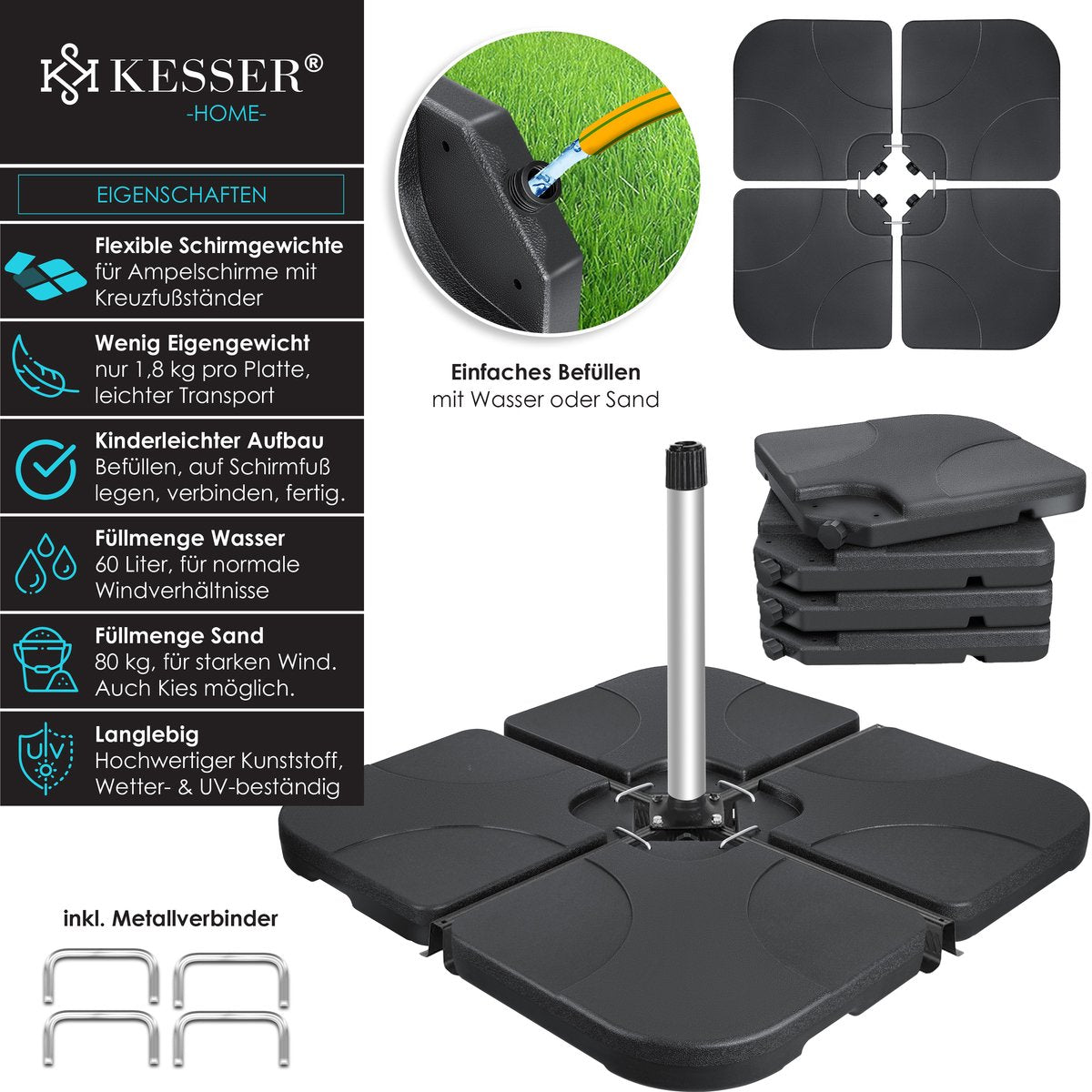 KESSER® Parasoltegel - Parasolvoet  - Vulbaar tot 80 kg  - Zwart