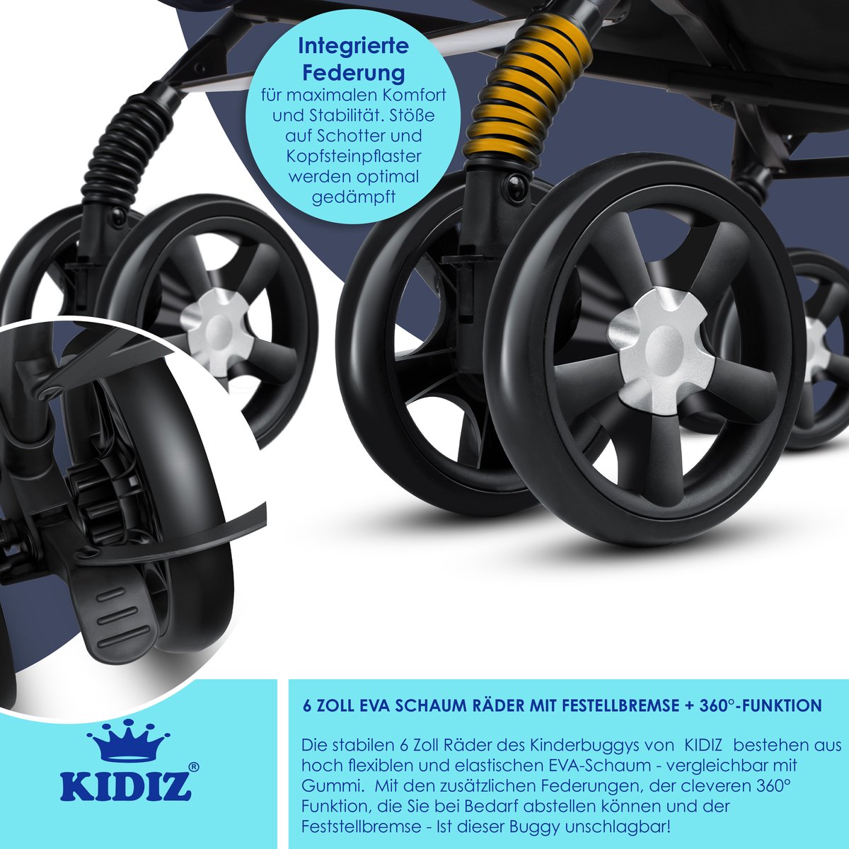 KIDIZ® Kinderwagen / Wandelwagen City-Pro Buggy Kinderbuggy Opvouwbaar Liggende wandelwagen Kinderwagen Opvouwbaar 360° 6-inch wielen Incl. muggennet, voetenzak en regenhoes Opvouwbaar Slaapfunctie - Marineblauw / Zwart