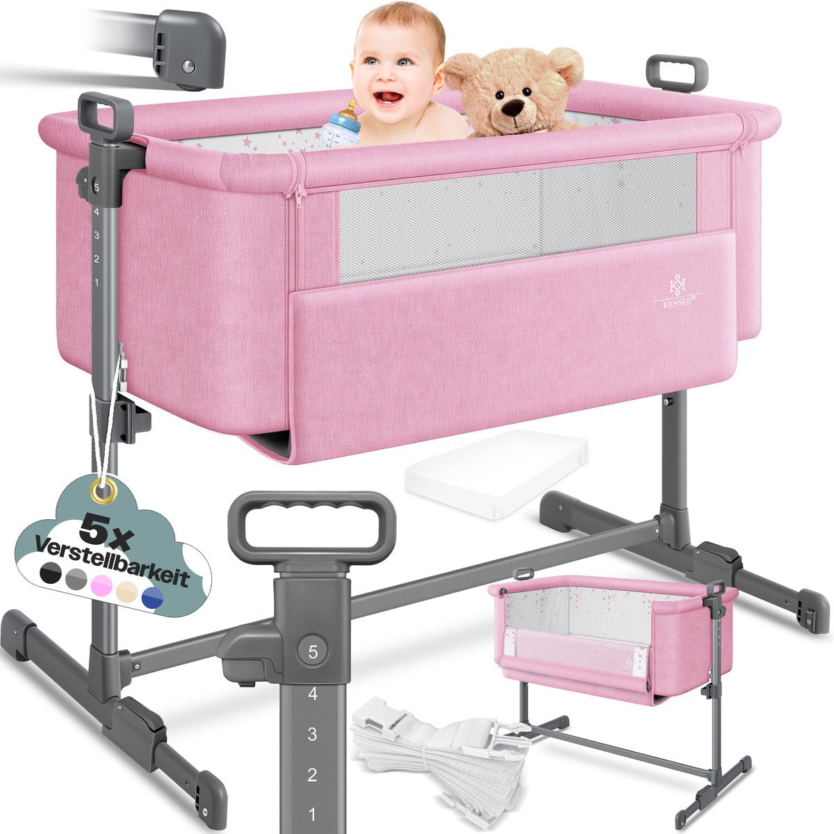 KESSER® 3in1 Ledikant - Babybed - Verstelbaar - Inklapbaar - Lichtgrijs