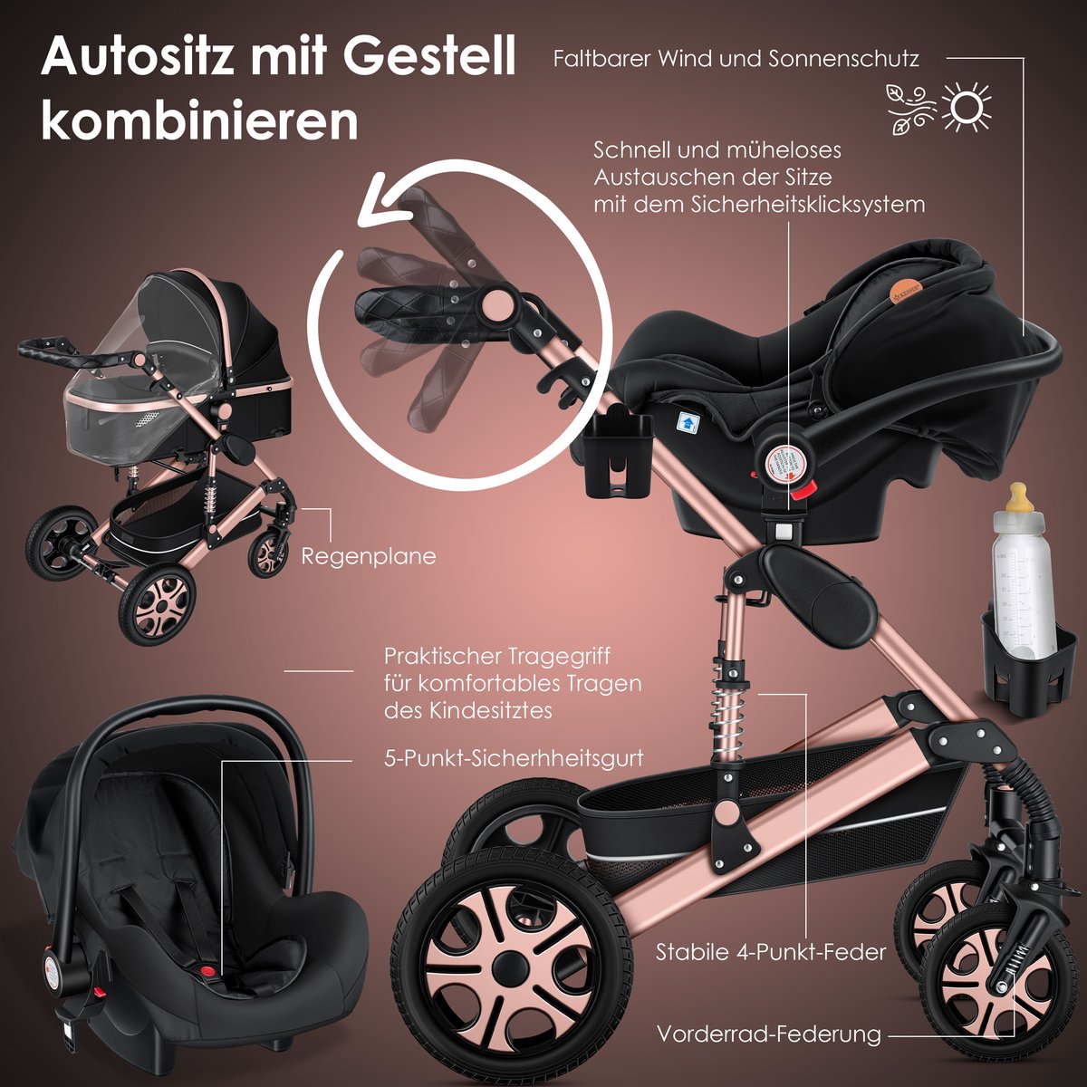 Kinderwagen 3 in 1 - Buggy - Wandelwagen - Kinderbuggy - Champagne - KESSER®