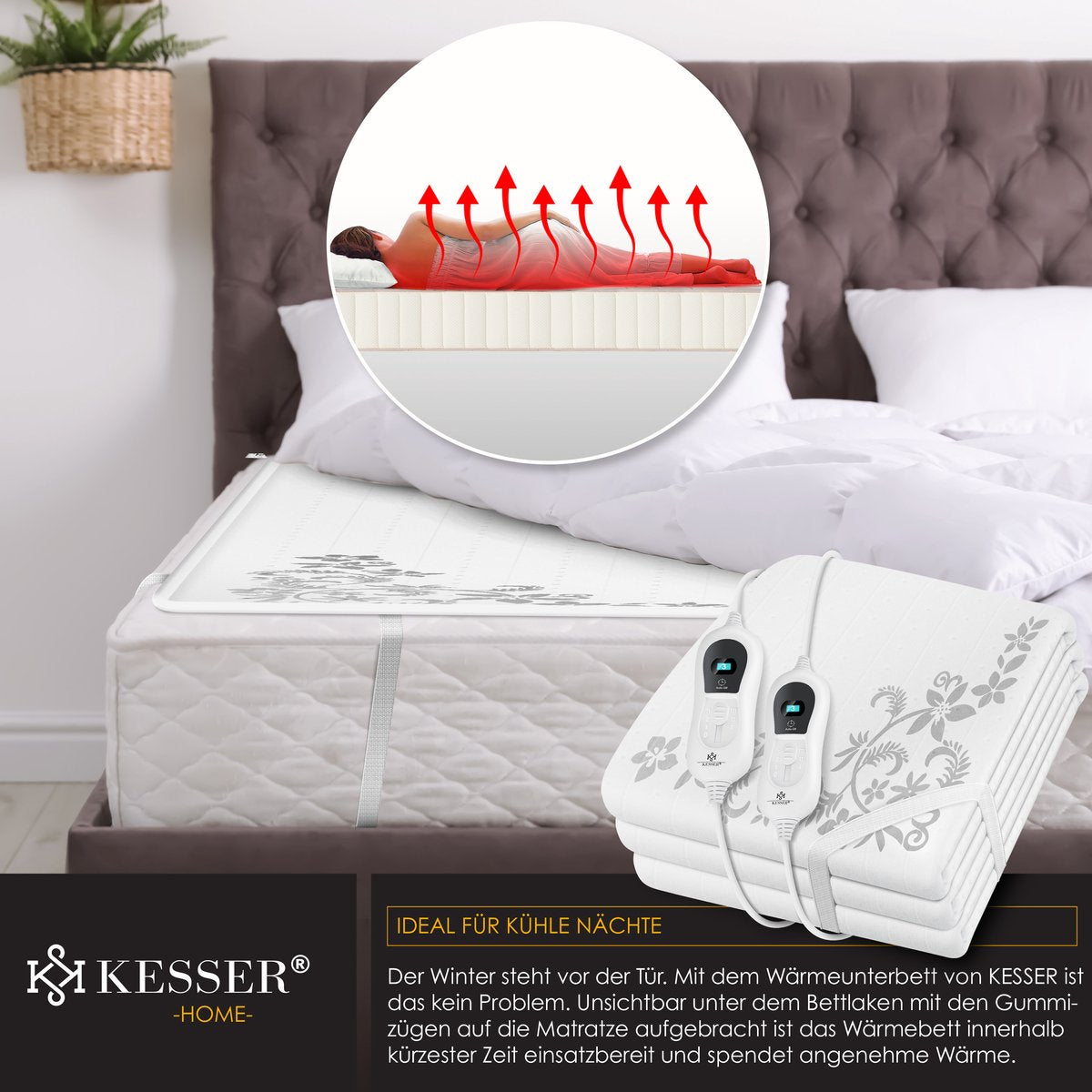 KESSER® Elektrische Onderdeken Warmtedeken met automatisch uitschakelende afstandsbediening | warmte deken met 3 temperatuurstanden | voor matrasverwarming | van zacht fleece - Wit met motief (160 cm x 140 cm)