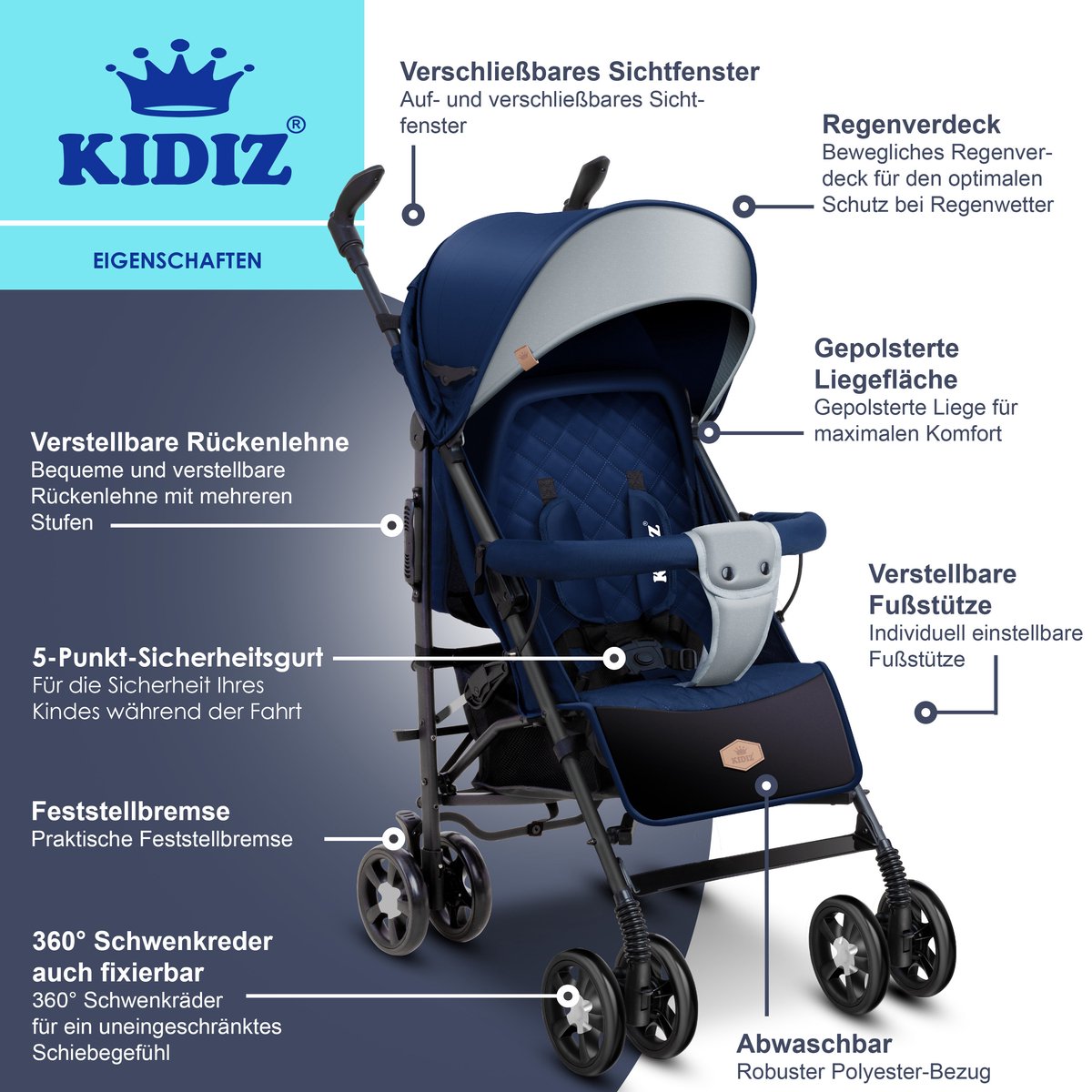 KIDIZ® Kinderwagen - Wandelwagen - Kinderbuggy - Blauw •
