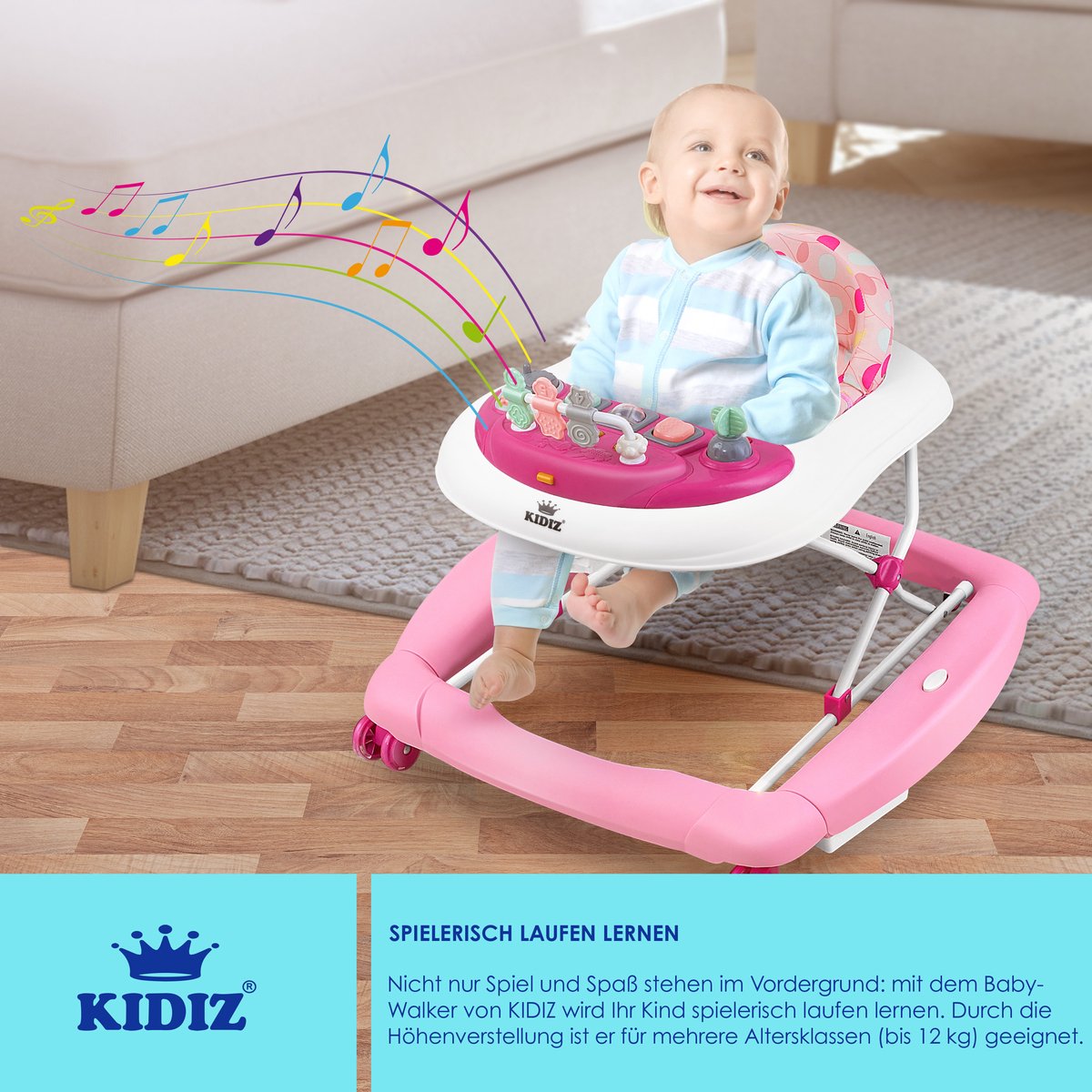 KIDIZ® 4in1 Babywalker / Loopstoel / Loopstoeltje voor Baby speel- en loopstoeltje - schommelfunctie baby wipstoeltje met wielen, licht, muziek, speelcentrum eettafel loopstoel loophulp baby's vanaf 6 maanden opvouwbaar - Roze