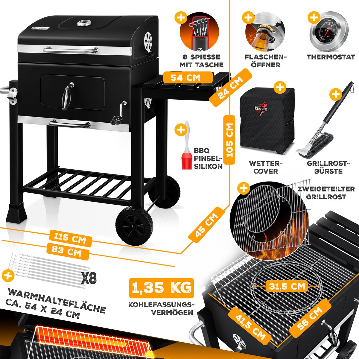 KESSER® XL Houtskoolbarbecue - RVS - BBQ - Zwart
