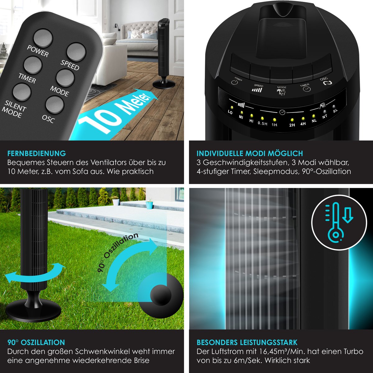 KESSER® Torenventilator - Fluisterstil - Oscillatie - Zwart •