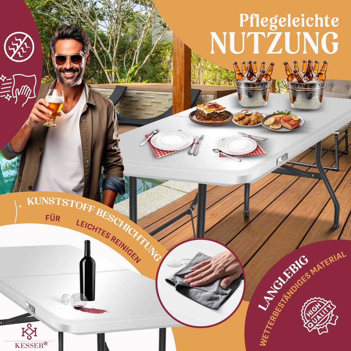 KESSER® Inklapbare Tafel - Campingtafel - Klaptafel - 183x76cm - Wit