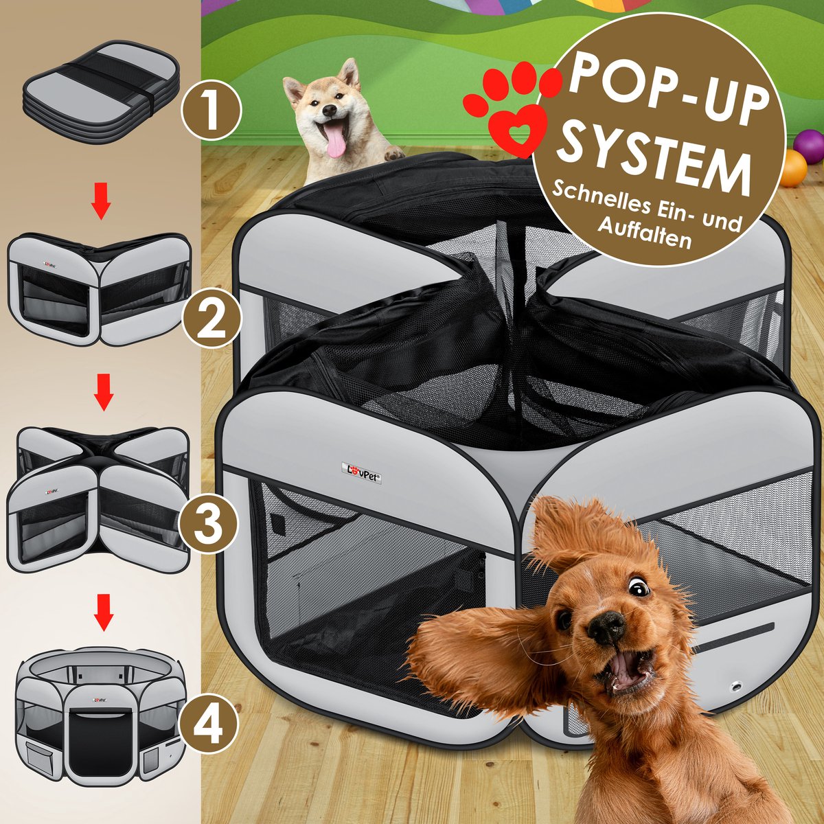LOVPET® Puppyren voor Kleine Dieren Honden Katten - Opvouwbaar Hondenren inclusief kom en Haringen - Puppy Ren Pop-up Systeem Indoor & Outdoor Konijnenren - Lichtgrijs